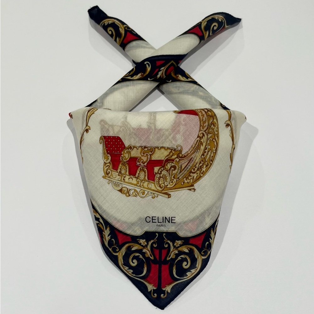 Celine Vintage Handkerchief Mini Scarf Art Logo Cotton Pocket Square 18.5”